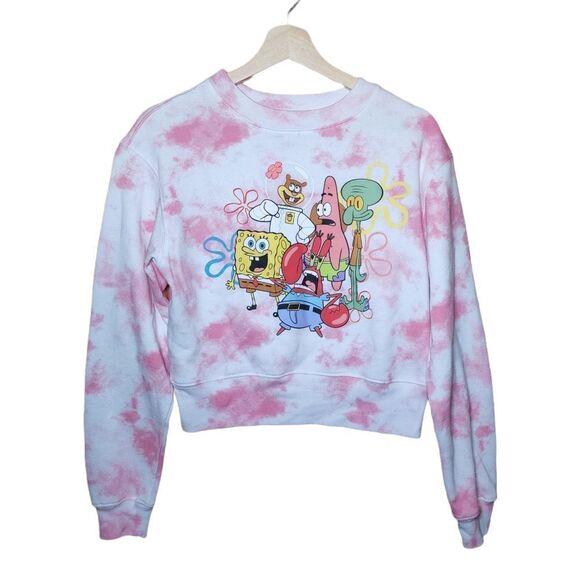 Nickelodeon Tops - Spongebob Squarepants Pink & White Tie Dye Cropped Crewneck Women's Sweater Y2k